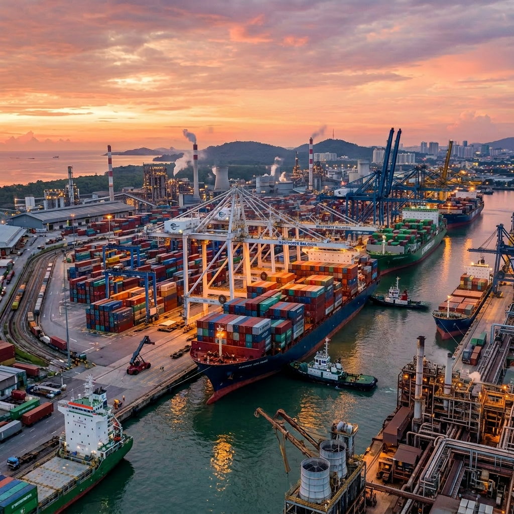 Container ships loaded with colorful cargo containers docked at an industrial shipping port at sunset
