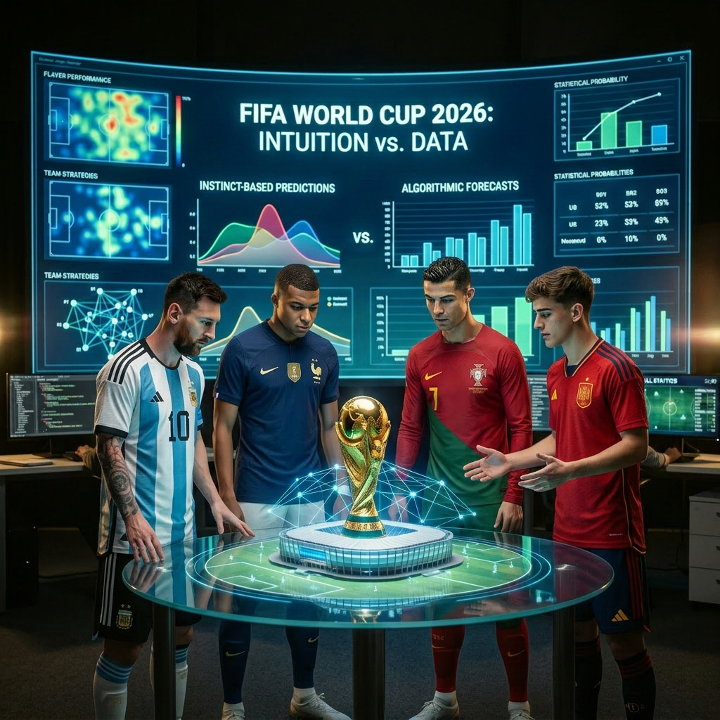 Two analysts discussing FIFA World Cup 2026 predictions using digital data and stadium model