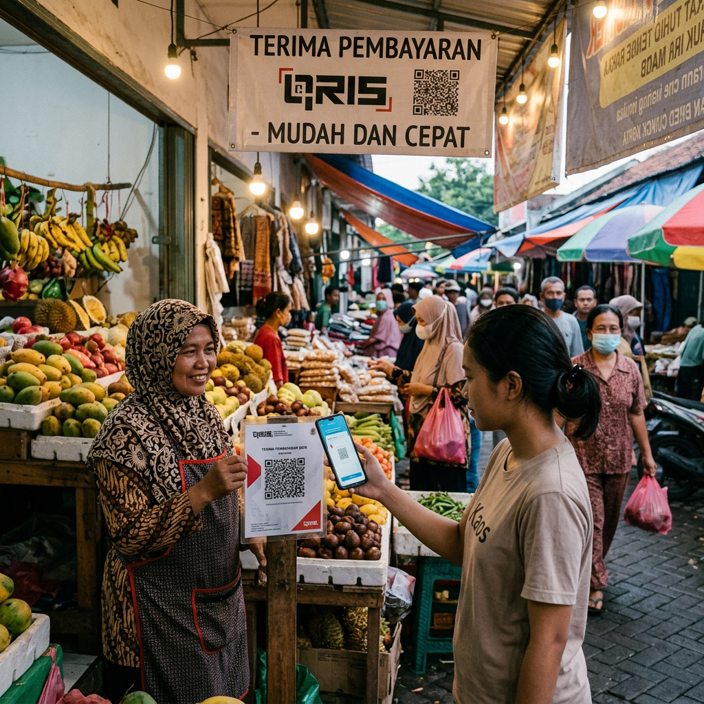 Customer scanning QRIS code with smartphone for payment at fruit market stall