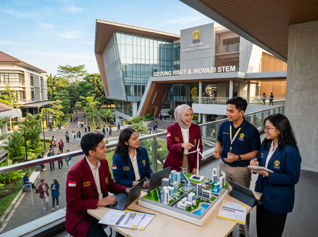 Five students working on a model of a sustainable city with wind turbines and solar panels in front of a research and innovation building